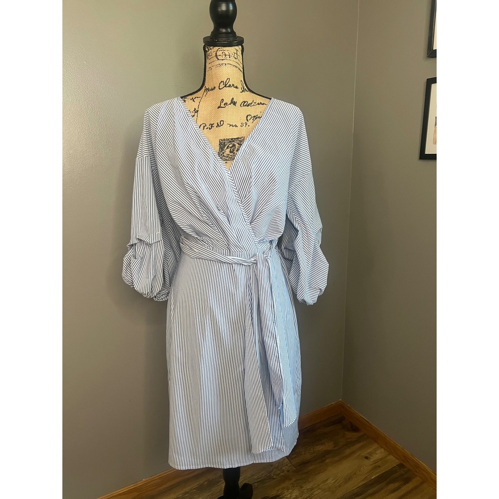 Wild Meadow Blue White Striped Puff Sleeve Dress large summer office casual